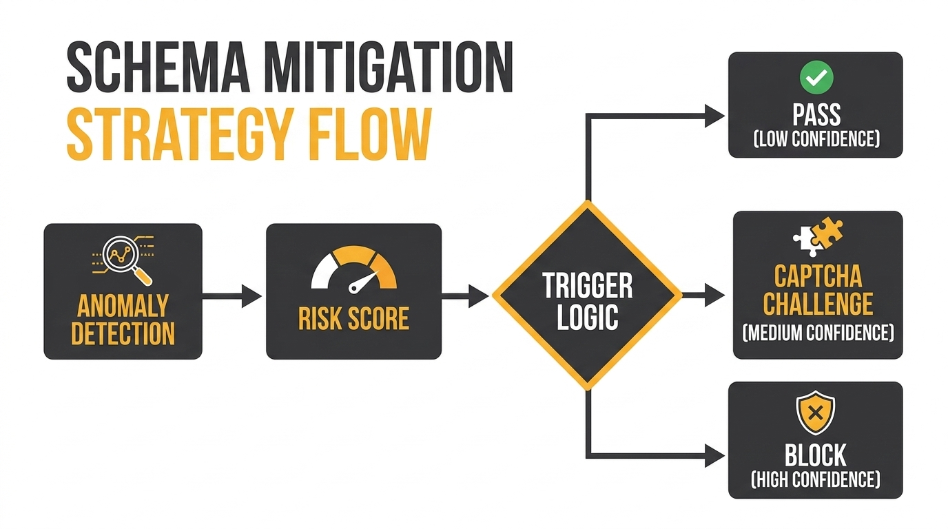 Bot mitigation strategy flow from anomaly detection and risk scoring to pass, CAPTCHA challenge, or block actions.